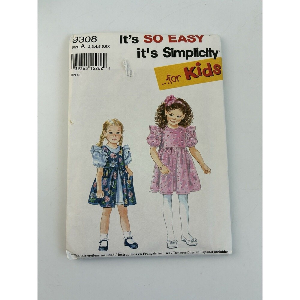 Dress Pinafore Uncut Pattern 9308 Girls Size 2-6X Toddler Puff Sleeve Ruffle 90s